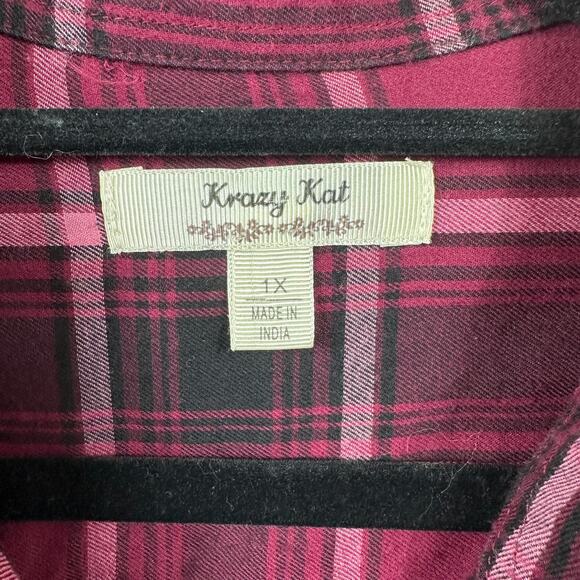 1X Plaid Flannel Shirt Bundle Red Black Check Lace Up Grunge Tops Plus retro - Picture 4 of 10